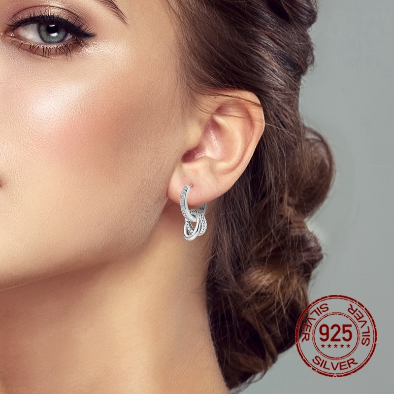 Women's 925 Silver Three-Link Interlocking Earrings, Stylish